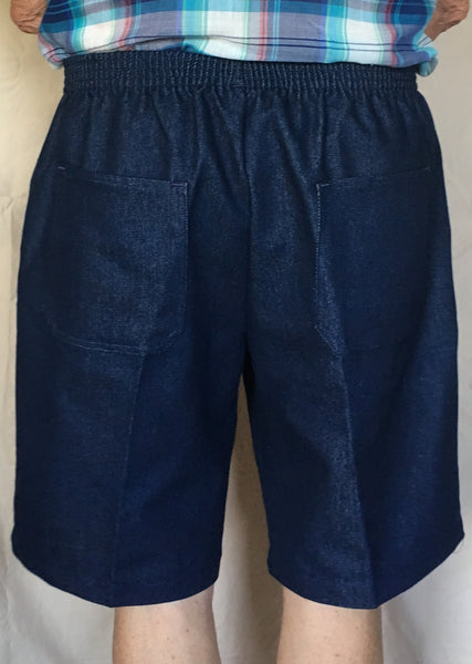Mens Elastic Waist Denim Shorts, Navy Blue (rear view)