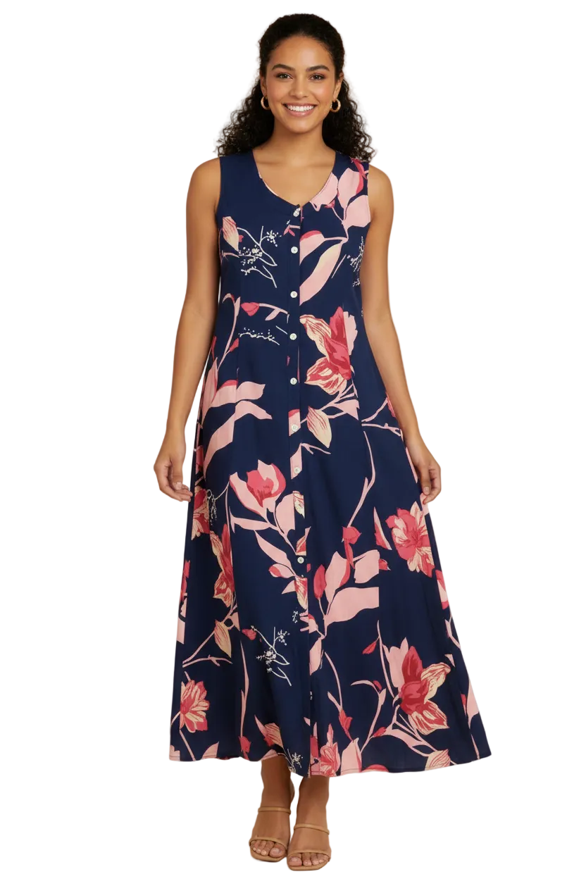 Navy w/Flowers Front-button Dress EC24003