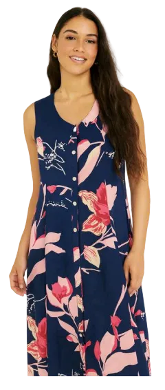 Navy w/Flowers Front-button Dress EC24003