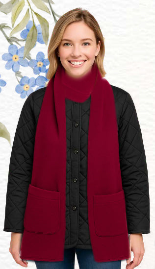 Woman's Soft Multi-Functional Pocketed Scarf-Shaw Burgandy Warm Fleece